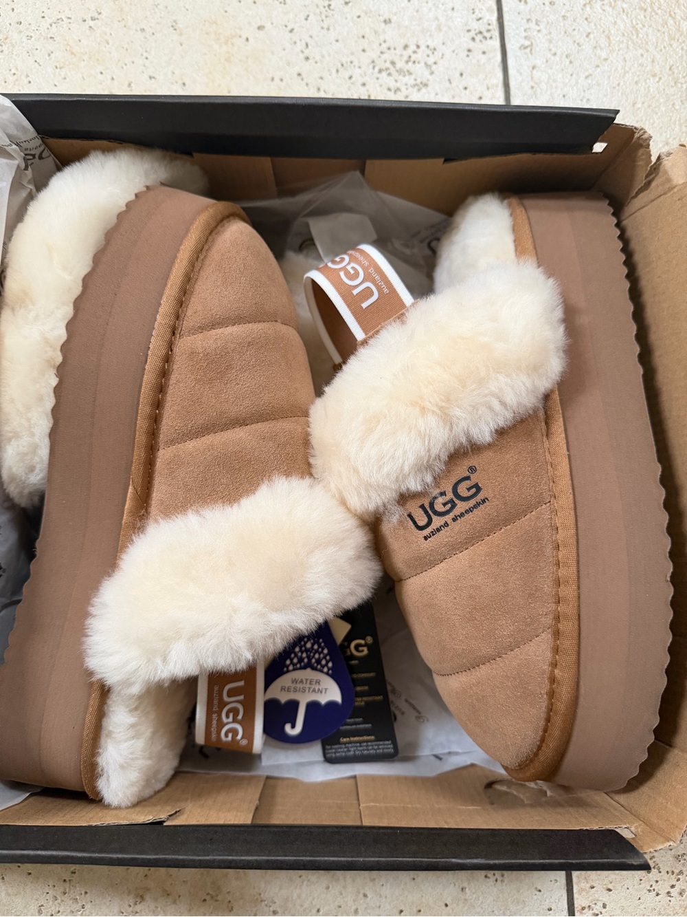 UGG Women’s Chestnut Suede Shearling Mule Slippers with Cream Fur